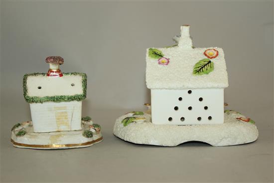 Two Staffordshire porcelain two section pastille burners, c.1835, 9cm and 12cm